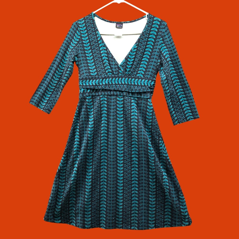 Patagonia Organic Cotton Teal Blue Geometric Leaf Print 3/4 Sleeve Dress Small